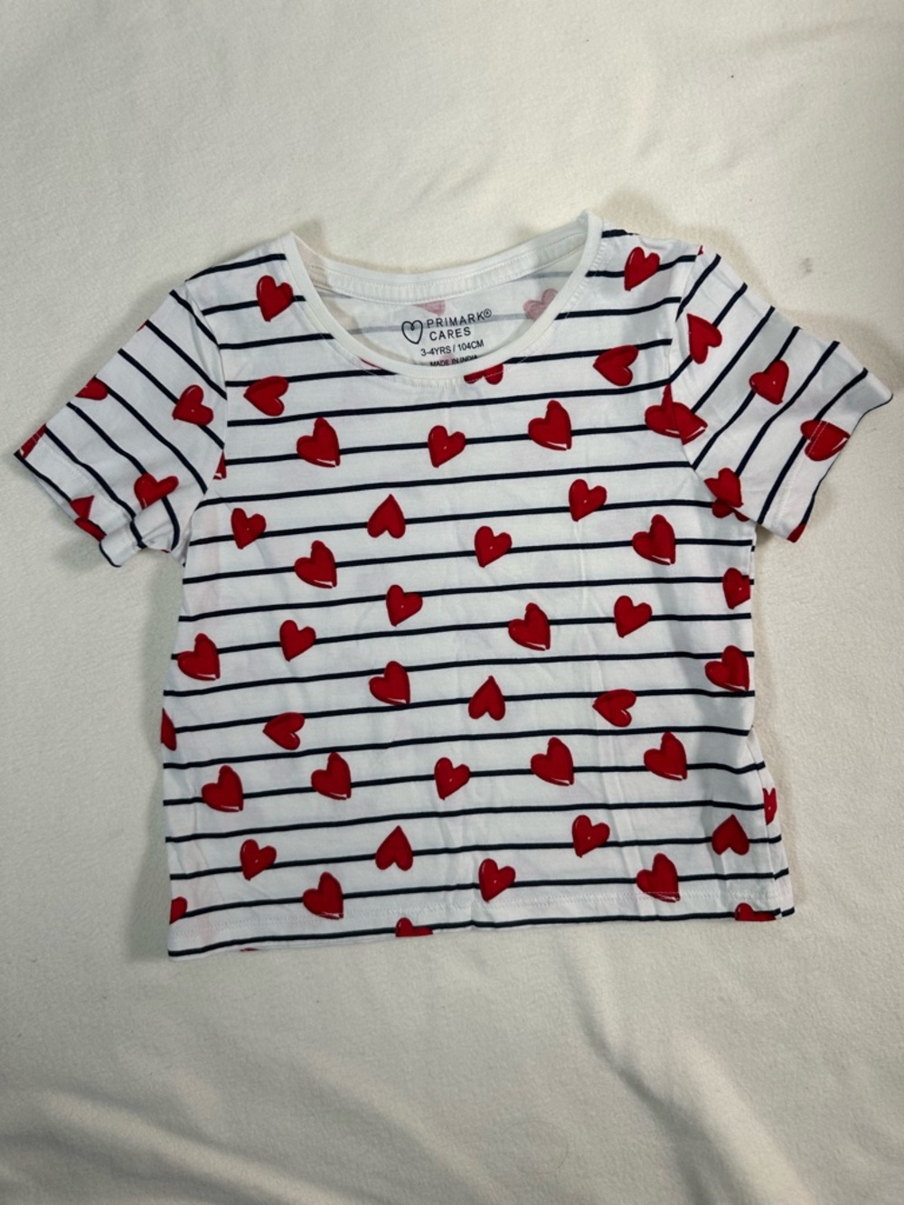 Primark Girls’ Short Sleeve Tee Navy Stripes Red Hearts Size 3-4